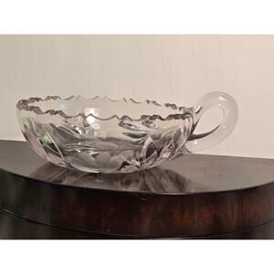 VTG Pressed Glass Handled Nappy Candy Dish Floral Pattern 6.5” Wide 2” Tall